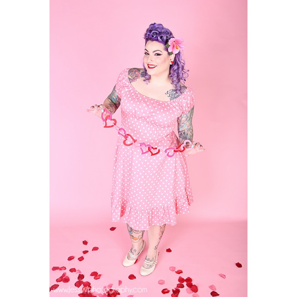 Pink polkadot peasant dress